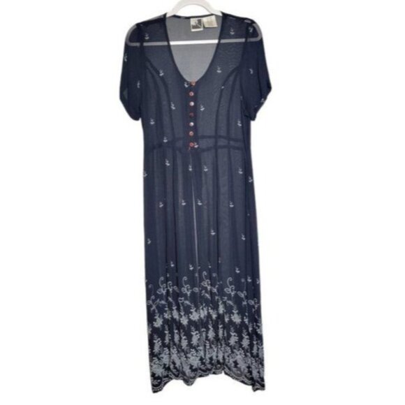Vintage Retro Women's S Navy Blue Embroidered Sheer Sundress Maxi Dress Button F - Picture 1 of 6